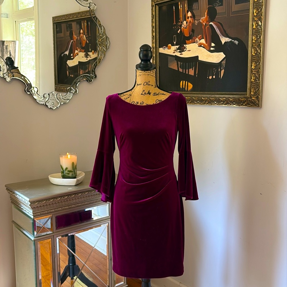 Ralph Lauren Purple Magenta Velvet long bell sleeve holiday dress S 6 $178 rare